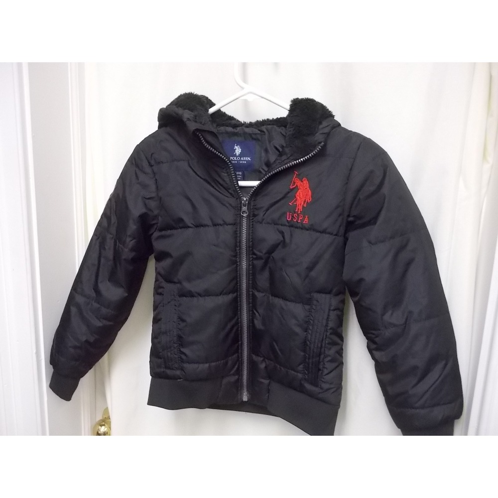 US Polo Assn Kids Black Puffer Jacket Faux Fur Hood Red Logo Size XS 4-5